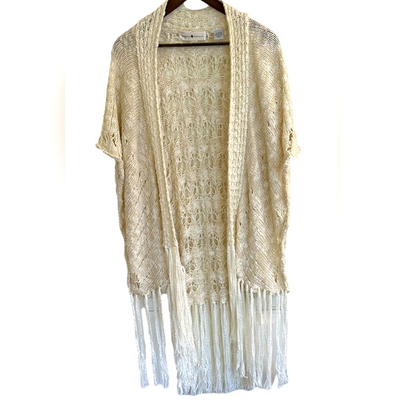 Rancho Estancia cream crocheted open front cardigan fringe women M/L - Picture 1 of 10